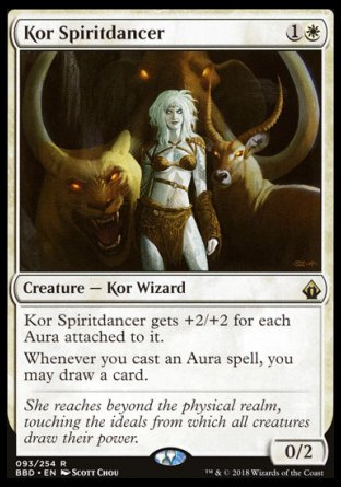 '-Kor Spiritdancer
Creature â€” Kor Wizard
This creature gets +2/+2 for each Aura attached to it.
Whenever you cast an Aura spell, you may draw a card.
0/2