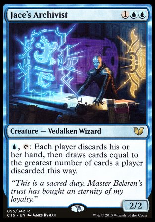 '-Jace's Archivist
Creature â€” Vedalken Wizard
%U, %T: Each player discards their hand, then draws cards equal to the greatest number of cards a player discarded this way.
2/2