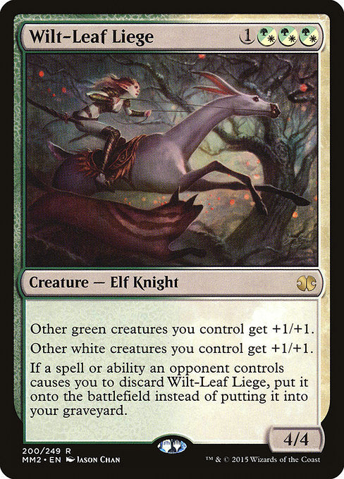 Wilt-Leaf Liege
Creature — Elf Knight
({G/W} can be paid with either {G} or {W}.)
Other green creatures you control get +1/+1.
Other white creatures you control get +1/+1.
If a spell or ability an opponent controls causes you to discard this card, put it onto the battlefield instead of putting it into your graveyard.
4/4