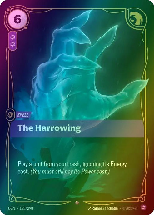 The Harrowing
Alternate Art Qualifier: Default Art
Set: Origins
Finish: Foil
Rarity: Rare
Domain: Chaos
Card Text: Play a unit from your trash, ignoring its Energy cost. (You must still pay its Power cost.)