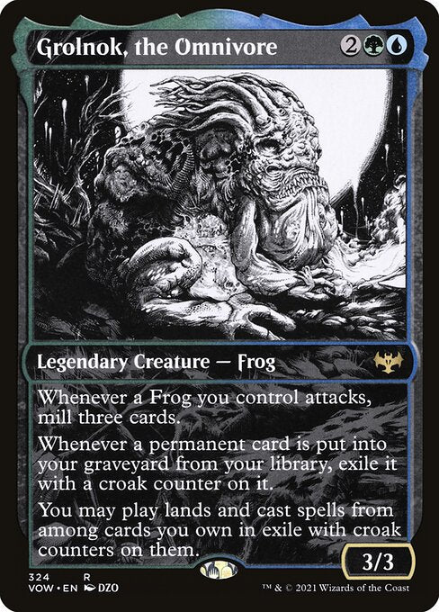 Grolnok, the Omnivore
Legendary Creature — Frog
Whenever a Frog you control attacks, mill three cards.
Whenever a permanent card is put into your graveyard from your library, exile it with a croak counter on it.
You may play lands and cast spells from among cards you own in exile with croak counters on them.
3/3