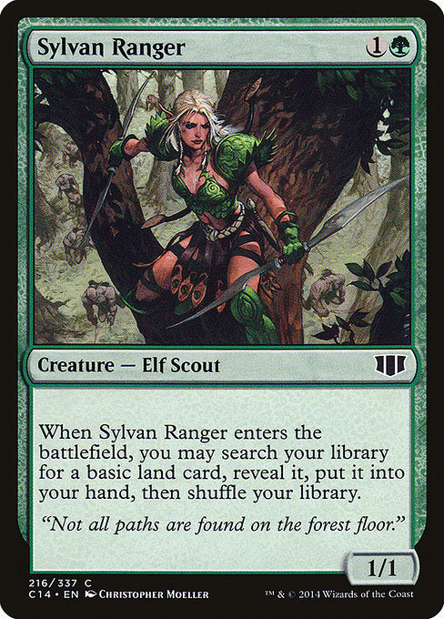 Sylvan Ranger
Creature — Elf Scout Ranger
When this creature enters, you may search your library for a basic land card, reveal it, put it into your hand, then shuffle.
1/1