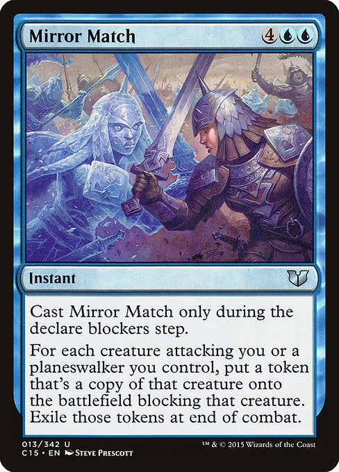 Mirror Match
Instant
Cast this spell only during the declare blockers step.
For each creature attacking you or a planeswalker you control, create a token that's a copy of that creature and that's blocking that creature. Exile those tokens at end of combat.