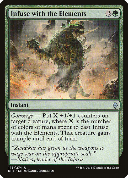 Infuse with the Elements
Instant
Converge — Put X +1/+1 counters on target creature, where X is the number of colors of mana spent to cast this spell. That creature gains trample until end of turn.