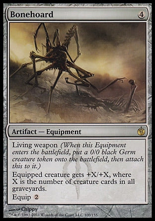 Bonehoard
Artifact — Equipment
Living weapon
Equipped creature gets +X/+X, where X is the number of creature cards in all graveyards.
Equip %2