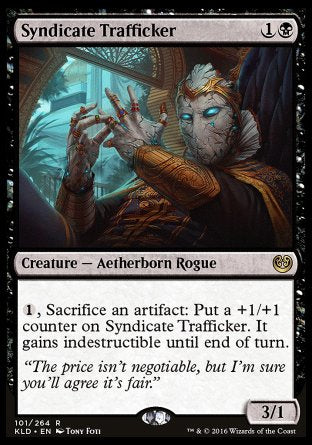 Syndicate Trafficker
Creature — Aetherborn Rogue
%1, Sacrifice an artifact: Put a +1/+1 counter on this creature. It gains indestructible until end of turn.
3/1