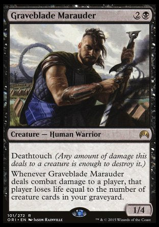 Graveblade Marauder
Creature — Human Warrior
Deathtouch
Whenever this creature deals combat damage to a player, that player loses life equal to the number of creature cards in your graveyard.
1/4