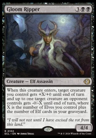 Gloom Ripper
Creature â€” Elf Assassin
When this creature enters, target creature you control gets +X/+0 until end of turn and up to one target creature an opponent controls gets -0/-X until end of turn, where X is the number of Elves you control plus the number of Elf cards in your graveyard.
4/4