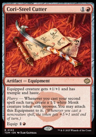 '-Cori-Steel Cutter
Artifact â€” Equipment
Equipped creature gets +1/+1 and has trample and haste.
Flurry â€” Whenever you cast your second spell each turn, create a 1/1 white Monk creature token with prowess. You may attach this Equipment to it.
Equip %1%R