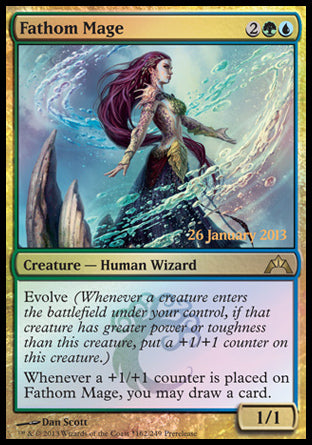 '-Fathom Mage
Creature â€” Human Wizard
Evolve
Whenever a +1/+1 counter is put on this creature, you may draw a card.
1/1