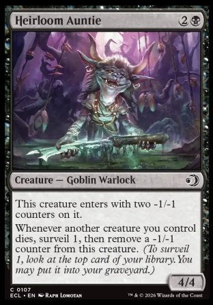 Heirloom Auntie
Creature â€” Goblin Warlock
This creature enters with two -1/-1 counters on it.
Whenever another creature you control dies, surveil 1, then remove a -1/-1 counter from this creature.
4/4