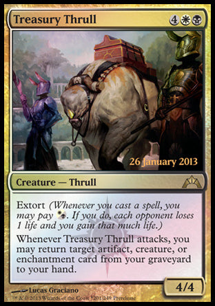 Treasury Thrull
Creature — Thrull
Extort
Whenever this creature attacks, you may return target artifact, creature, or enchantment card from your graveyard to your hand.
4/4