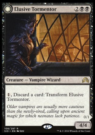 Elusive Tormentor
Creature — Vampire Wizard
%1, Discard a card: Transform this creature.
4/4
Insidious Mist
 Creature — Elemental
Hexproof, indestructible
This creature can't block and can't be blocked.
Whenever this creature attacks and isn't blocked, you may pay %2%B. If you do, transform it.
0/1