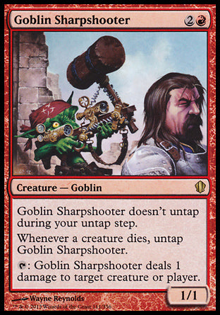 '-Goblin Sharpshooter
Creature â€” Goblin
This creature doesn't untap during your untap step.
Whenever a creature dies, untap this creature.
%T: This creature deals 1 damage to any target.
1/1