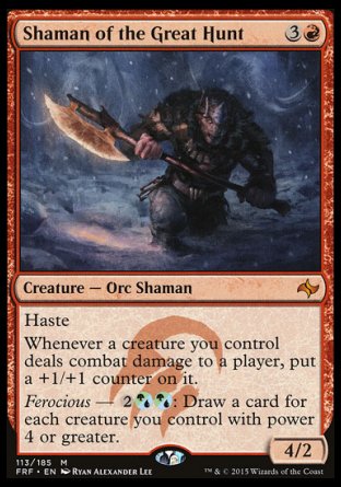 '-Shaman of the Great Hunt
Creature â€” Orc Shaman
Haste
Whenever a creature you control deals combat damage to a player, put a +1/+1 counter on it.
Ferocious â€” %2%UG%UG: Draw a card for each creature you control with power 4 or greater.
4/2