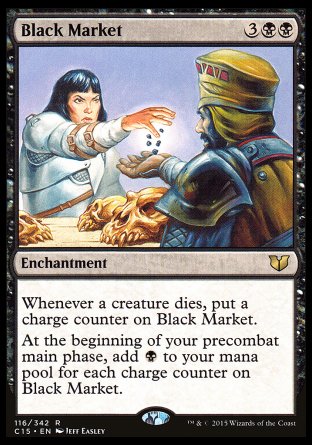 '-Black Market
Enchantment
Whenever a creature dies, put a charge counter on this enchantment.
At the beginning of your first main phase, add %B for each charge counter on this enchantment.