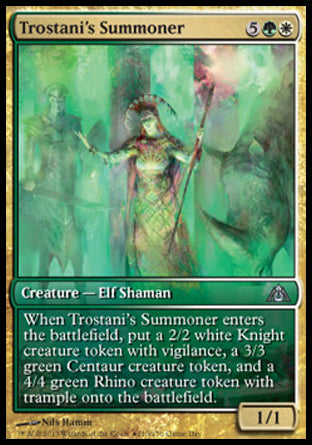 Trostani's Summoner
Creature — Elf Shaman
When this creature enters, create a 2/2 white Knight creature token with vigilance, a 3/3 green Centaur creature token, and a 4/4 green Rhino creature token with trample.
1/1