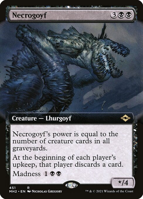Necrogoyf
Creature — Lhurgoyf
Necrogoyf's power is equal to the number of creature cards in all graveyards.
At the beginning of each player's upkeep, that player discards a card.
Madness {1}{B}{B} (If you discard this card, discard it into exile. When you do, cast it for its madness cost or put it into your graveyard.)
*/4