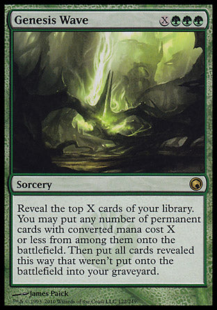 '-Genesis Wave
Sorcery
Reveal the top X cards of your library. You may put any number of permanent cards with mana value X or less from among them onto the battlefield. Then put all cards revealed this way that weren't put onto the battlefield into your graveyard.