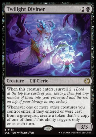 Twilight Diviner
Creature â€” Elf Cleric
When this creature enters, surveil 2.
Whenever one or more other creatures you control enter, if they entered or were cast from a graveyard, create a token that's a copy of one of them. This ability triggers only once each turn.
3/3