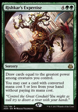 '-Rishkar's Expertise
Sorcery
Draw cards equal to the greatest power among creatures you control.
You may cast a spell with mana value 5 or less from your hand without paying its mana cost.