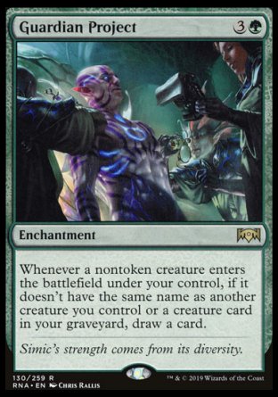 '-Guardian Project
Enchantment
Whenever a nontoken creature you control enters, if it doesn't have the same name as another creature you control or a creature card in your graveyard, draw a card.