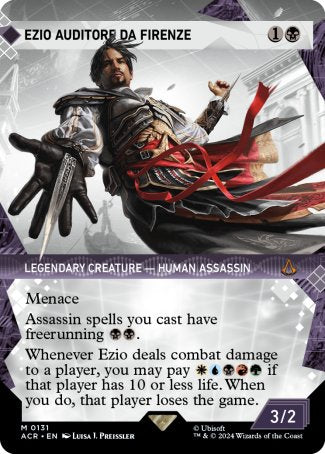 Ezio Auditore da Firenze
Legendary Creature — Human Assassin
Menace
Assassin spells you cast have freerunning %B%B.
Whenever Ezio deals combat damage to a player, you may pay %W%U%B%R%G if that player has 10 or less life. When you do, that player loses the game.
3/2
