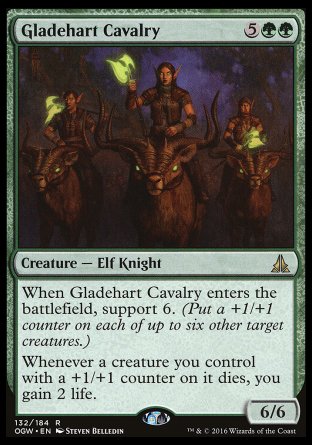 Gladehart Cavalry
Creature — Elf Knight
When this creature enters, support 6.
Whenever a creature you control with a +1/+1 counter on it dies, you gain 2 life.
6/6