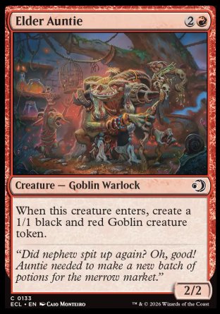 Elder Auntie
Creature â€” Goblin Warlock
When this creature enters, create a 1/1 black and red Goblin creature token.
2/2