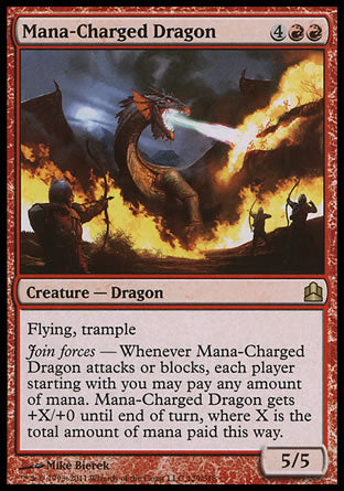 '-Mana-Charged Dragon
Creature â€” Dragon
Flying, trample
Join forces â€” Whenever this creature attacks or blocks, each player starting with you may pay any amount of mana. This creature gets +X/+0 until end of turn, where X is the total amount of mana paid this way.
5/5