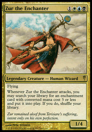 Zur the Enchanter
Legendary Creature — Human Wizard
Flying
Whenever Zur attacks, you may search your library for an enchantment card with mana value 3 or less, put it onto the battlefield, then shuffle.
1/4