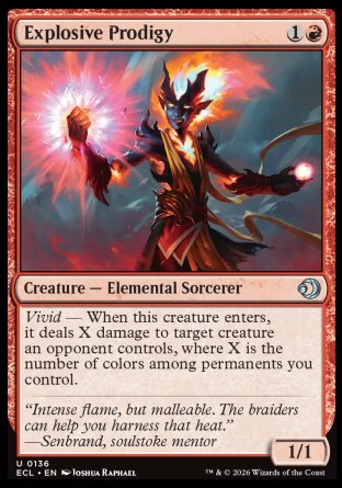 Explosive Prodigy
Creature â€” Elemental Sorcerer
Vivid â€” When this creature enters, it deals X damage to target creature an opponent controls, where X is the number of colors among permanents you control.
1/1