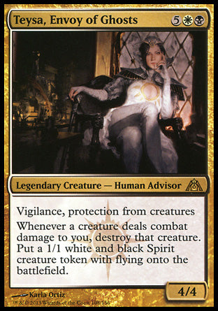Teysa, Envoy of Ghosts
Legendary Creature — Human Advisor
Vigilance, protection from creatures
Whenever a creature deals combat damage to you, destroy that creature. Create a 1/1 white and black Spirit creature token with flying.
4/4