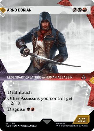 Arno Dorian
Legendary Creature — Human Assassin
Deathtouch
Other Assassins you control get +2/+0.
Disguise %B%R
3/3