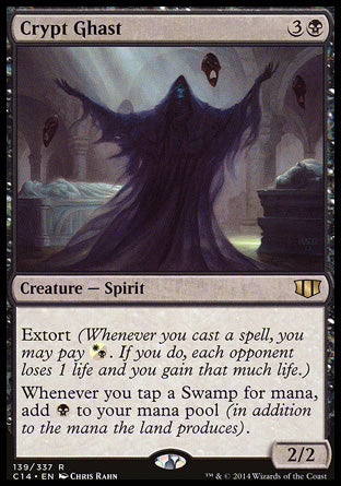 '-Crypt Ghast
Creature â€” Spirit
Extort
Whenever you tap a Swamp for mana, add an additional %B.
2/2
