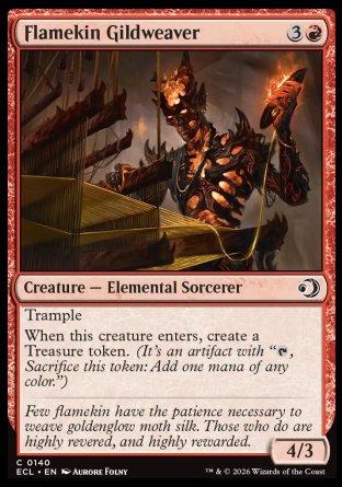 Flamekin Gildweaver
Creature â€” Elemental Sorcerer
Trample
When this creature enters, create a Treasure token.
4/3