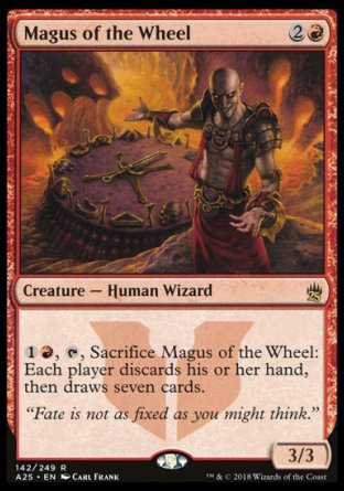 '-Magus of the Wheel
Creature â€” Human Wizard
%1%R, %T, Sacrifice this creature: Each player discards their hand, then draws seven cards.
3/3