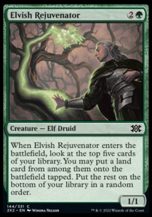 Elvish Rejuvenator
Creature — Elf Druid
When this creature enters, look at the top five cards of your library. You may put a land card from among them onto the battlefield tapped. Put the rest on the bottom of your library in a random order.
1/1