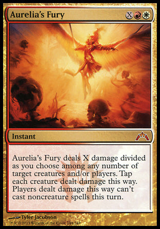 '-Aurelia's Fury
Instant
Aurelia's Fury deals X damage divided as you choose among any number of targets. Tap each creature dealt damage this way. Players dealt damage this way can't cast noncreature spells this turn.