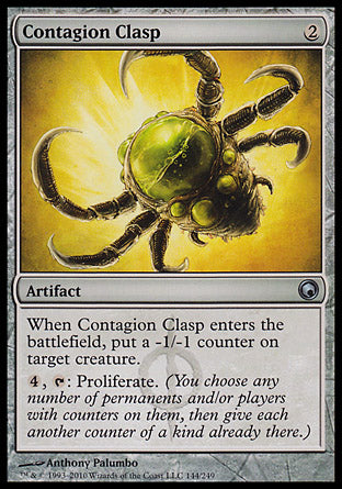 Contagion Clasp
Artifact
When this artifact enters, put a -1/-1 counter on target creature.
%4, %T: Proliferate.