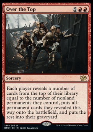 Over the Top
Sorcery
Each player reveals a number of cards from the top of their library equal to the number of nonland permanents they control, puts all permanent cards they revealed this way onto the battlefield, and puts the rest into their graveyard.