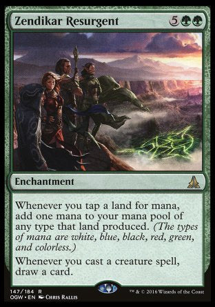 Zendikar Resurgent
Enchantment
Whenever you tap a land for mana, add one mana of any type that land produced. (The types of mana are white, blue, black, red, green and colorless.)
Whenever you cast a creature spell, draw a card.