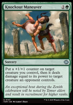Knockout Maneuver
Sorcery
Put a +1/+1 counter on target creature you control, then it deals damage equal to its power to target creature an opponent controls.
