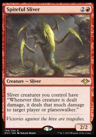 '-Spiteful Sliver
Creature â€” Sliver
Sliver creatures you control have "Whenever this creature is dealt damage, it deals that much damage to target player or planeswalker."
2/2