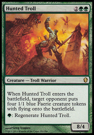 Hunted Troll
Creature — Troll Warrior
When this creature enters, target opponent creates four 1/1 blue Faerie creature tokens with flying.
%G: Regenerate this creature.
8/4