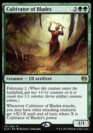 '-Cultivator of Blades
Creature â€” Elf Artificer
Fabricate 2
Whenever this creature attacks, you may have other attacking creatures get +X/+X until end of turn, where X is this creature's power.
1/1