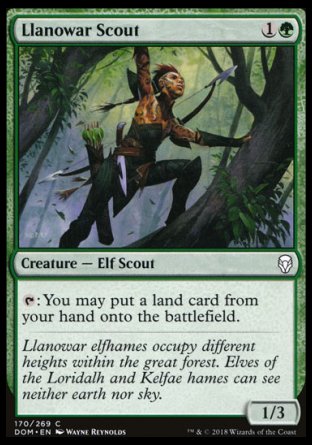 '-Llanowar Scout
Creature â€” Elf Scout
%T: You may put a land card from your hand onto the battlefield.
1/3