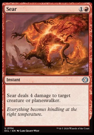 Sear
Instant
Sear deals 4 damage to target creature or planeswalker.