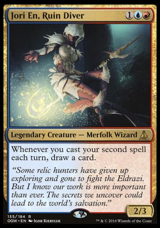 '-Jori En, Ruin Diver
Legendary Creature â€” Merfolk Wizard
Whenever you cast your second spell each turn, draw a card.
2/3