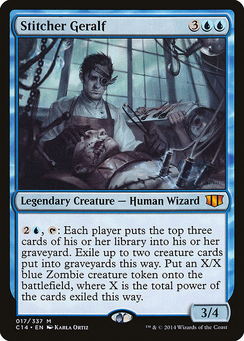 Stitcher Geralf
Legendary Creature — Human Wizard
{2}{U}, {T}: Each player mills three cards. Exile up to two creature cards put into graveyards this way. Create an X/X blue Zombie creature token, where X is the total power of the cards exiled this way.
3/4
